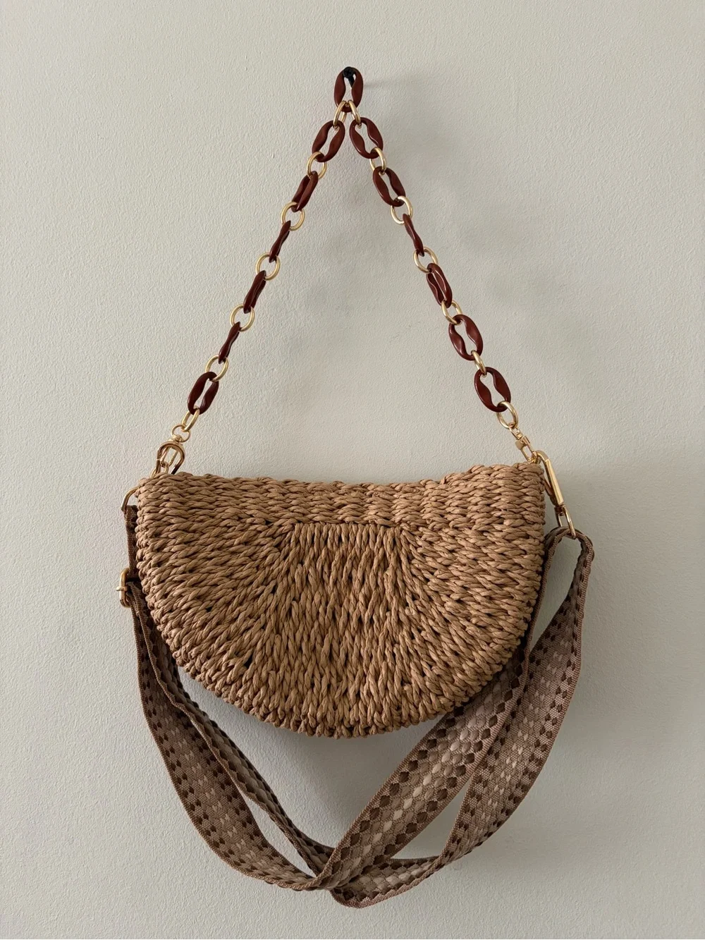 Woven Half-Moon Crossbody Bag in Brown with Gold Chain Detail